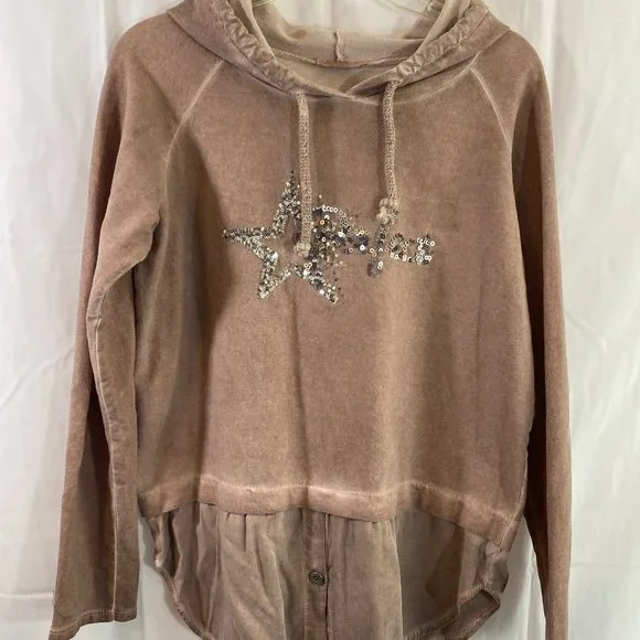Made in Italy Light Brown Sequined Long Sleeve Hoodie Top NWOT Size Large - Picture 5 of 15